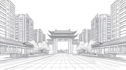 Architectural sketch of Chinese city gateway (1)