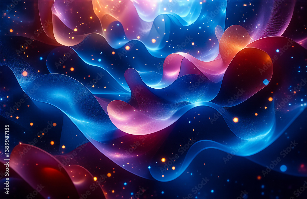 Poster abstract flowing shapes in vibrant blue, orange, and pink hues, dotted with sparkling elements, crea