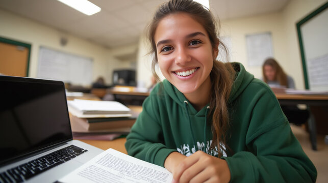 Female student in green hoodie smiles while taking notes in diverse classroom setting focused on coaching skills development