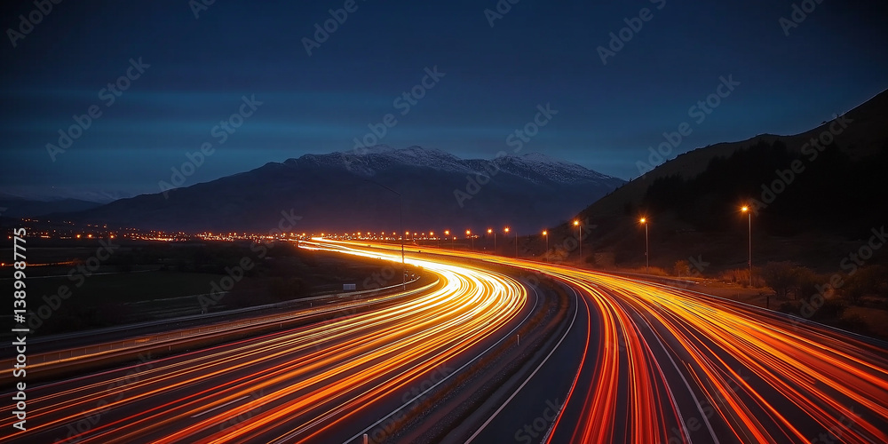 Aufkleber light trails illuminating highway at dusk with mountains in background