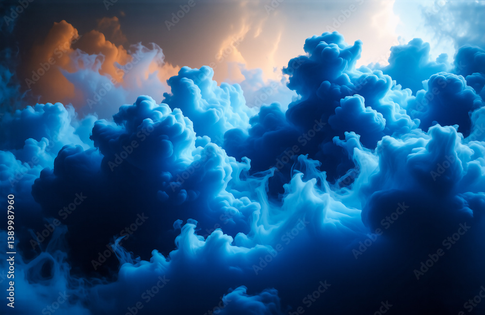 Poster Dramatic skyscape featuring voluminous, fluffy blue clouds. Hints of orange and golden light break through, creating a dynamic and atmospheric scene.