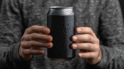 Man holding a cold drink can with visible condensation droplets