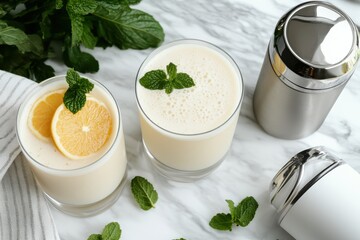 Two delicious, refreshing drinks garnished with mint leaves and orange slices, beautifully styled on a marble surface, perfect for summer gatherings and relaxation.