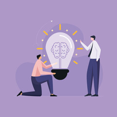 Business team showcasing a glowing lightbulb with a brain, symbolizing creative thinking and smart ideas for growth and success