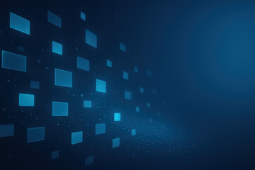 This abstract composition features floating rectangles and fading dots in a blue gradient representing innovative business strategy and vision in a modern design