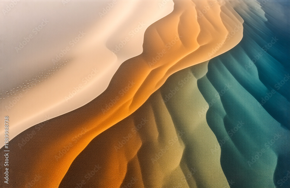 Leinwandbilder abstract wavy shapes blend from beige and orange to teal and blue in a smooth gradient, creating a f