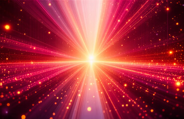 Central bright light bursts, radiating outwards with red and orange beams. Tiny particles illuminate the dark cosmic space, creating an abstract, vibrant glow.