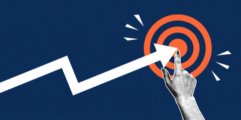 Collage with halftone hand, target and arrow chart hitting the center. Concept of reaching the goal in business. Modern collage design. Vector.