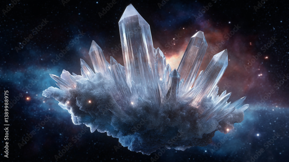 Poster giant crystal rock formation floating in space with nebula and stars