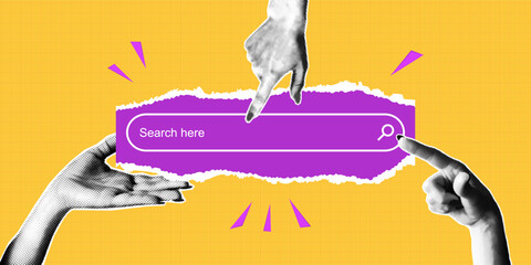 Search page in collage style with halftone hands pointing to search bar. Collage style search page in background with torn paper with halftone arms. Vector.