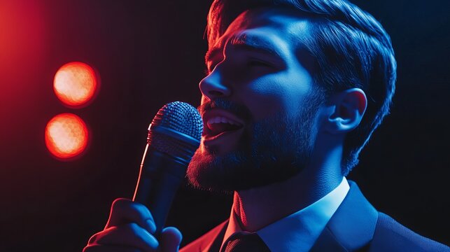Man singing into microphone on stage with red and blue lights performance live music concert vocalist