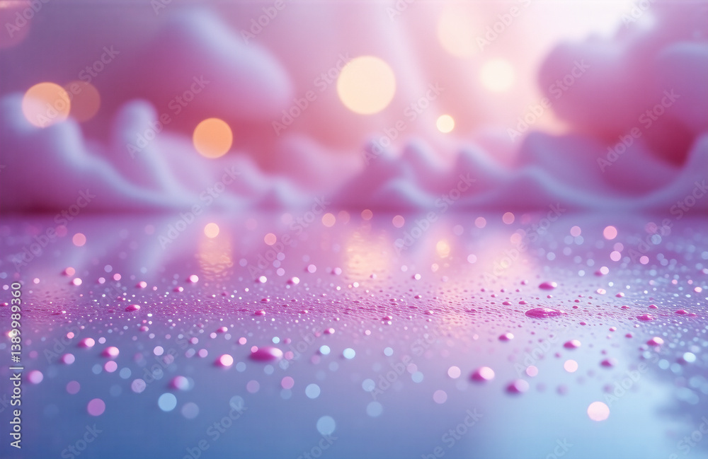 Aufkleber soft pink clouds gently drift in a dreamy, blurry background with bokeh lights, while water droplets