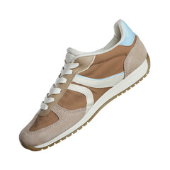 One stylish sneaker in air isolated on white. Casual footwear