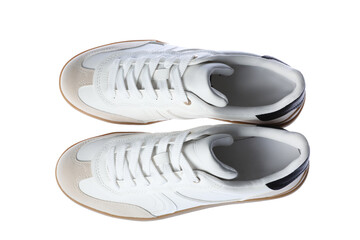 Pair of stylish sneakers isolated on white, top view. Casual footwear