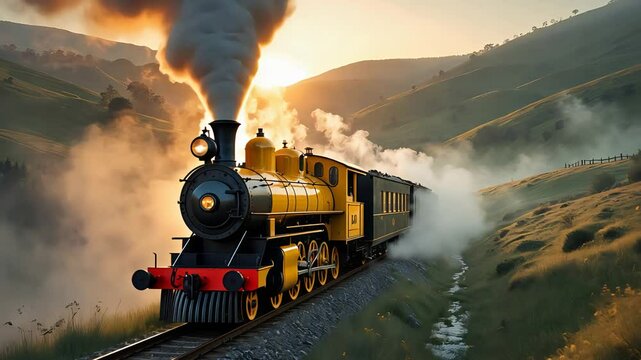 Vintage steam train chugging through a scenic countryside, releasing steam while passing lush green hills at sunset

