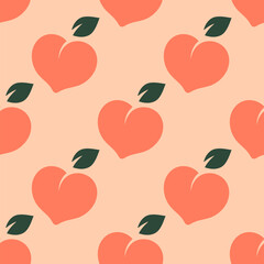 Cute seamless pattern with peaches on a pastel pink background for Valentines Day. Heart shaped peaches in flat cartoon style. Vector pattern with peach hearts for a wrapping paper, textile prints.
