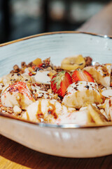 A fresh and delicious breakfast of cheesecakes and porridge