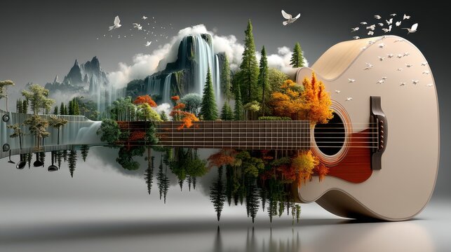 A surreal landscape featuring a majestic waterfall towering mountains and autumn colored trees with a guitar floating in the foreground creating a harmonious fusion of nature and music