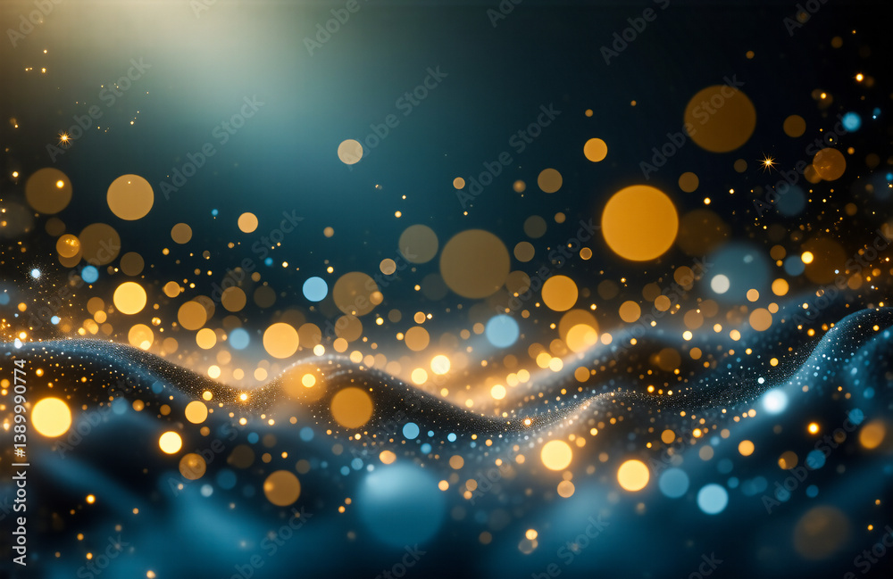 Aufkleber A dark blue wavy backdrop is illuminated with golden and blue bokeh lights, creating a dreamy and elegant visual with a festive and celebratory mood.