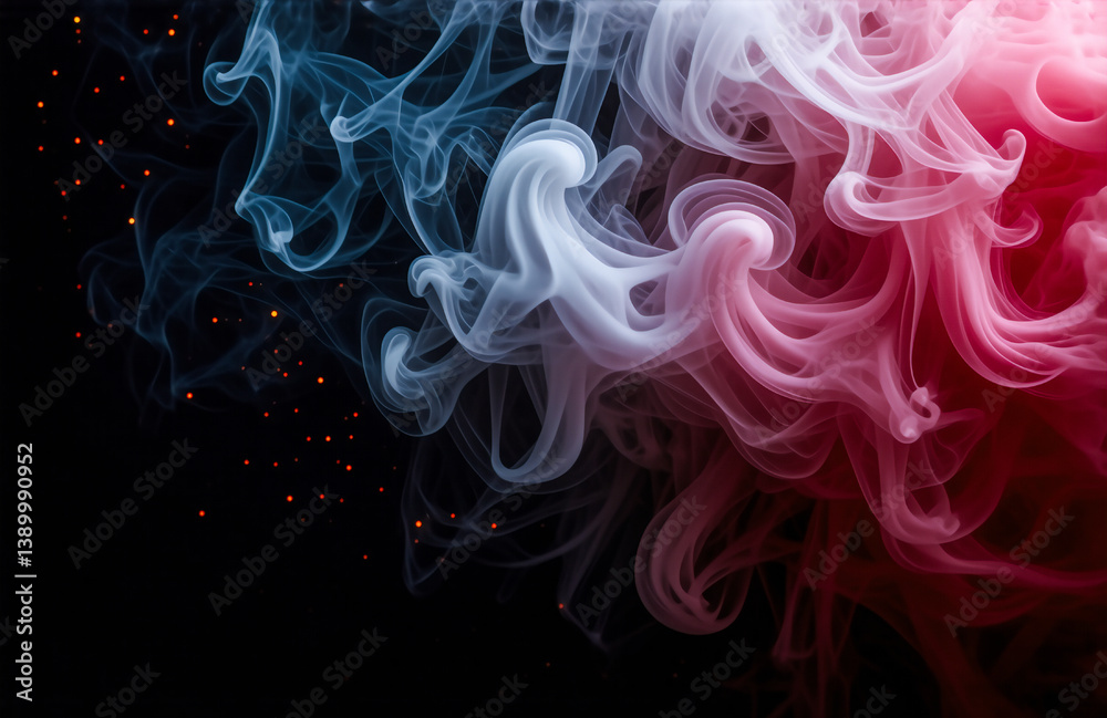 Poster swirling plumes of blue, white, and red smoke dance against a stark black background, creating an ab