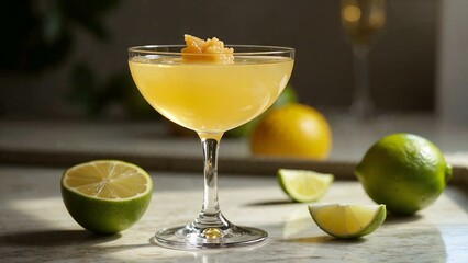Fototapeta premium Classic coupe filled with fermented citrus gimlet, garnished with finger limes and honeycomb