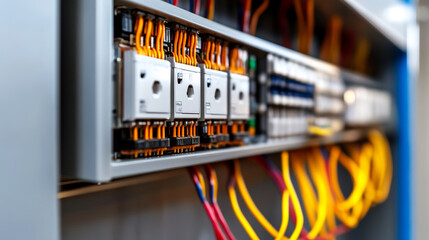 Distribution panel showcasing circuit breakers and relays with organized DIN rails in a clean and minimalistic setup