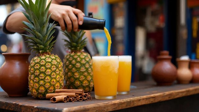 Street-side bar in Mexico City pouring tepache into frosted mugs with fresh pineapple and cinnamon