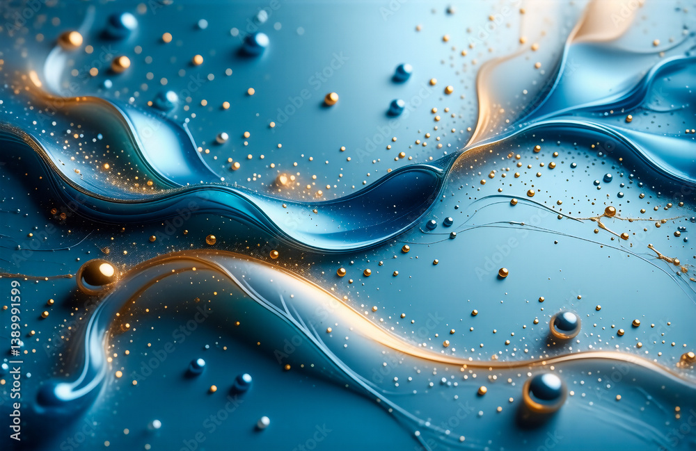 Poster elegant abstract design featuring flowing waves in shades of blue and gold, embellished with scatter