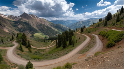 Naklejka premium Zigzag on the alpine switchback delivers adventurous routes with breathtaking views and invigorating mountain energy.