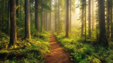 Fototapeta premium Sunlit Path Through Misty Forest
