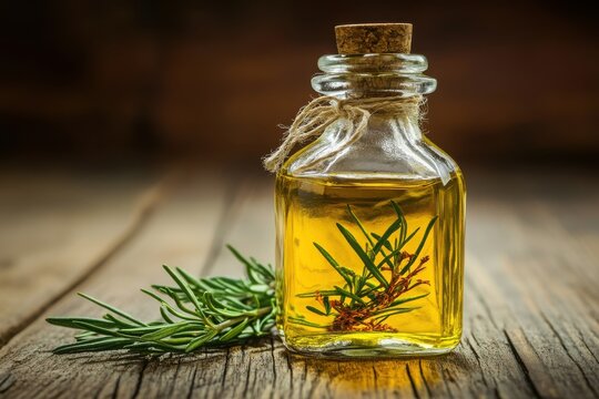 Glass bottle with olive oil and rosemary on rustic wooden surface