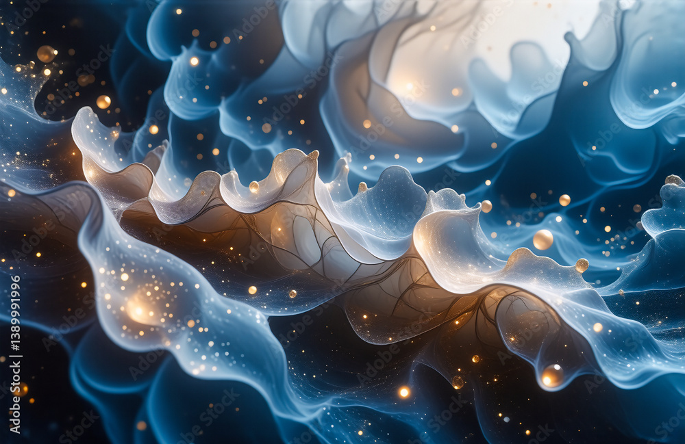 Leinwandbilder dreamy abstract swirls of blue and white with golden highlights and sparkles. resembles smoke or clo