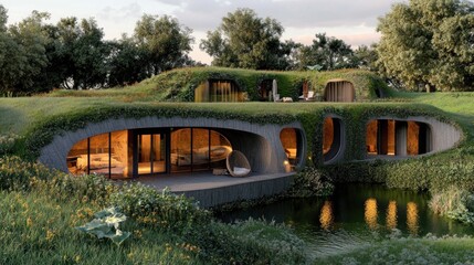 Fototapeta premium Eco-Friendly Cave House Design: A Sustainable Home Integrated with Nature
