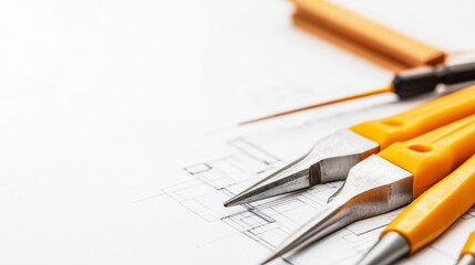 Manual tools arranged neatly on a printed floor plan in a clean, minimalist setting with balanced composition and focus on craftsmanship