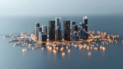 Fototapeta premium Futuristic urban landscape with towering skyscrapers and a network of illuminated infrastructure against a dark night sky creating a mesmerizing and innovative visual display