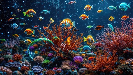 Naklejka premium Fish images, fish in the aquarium, Lots of colorful fishes swimming in the water 