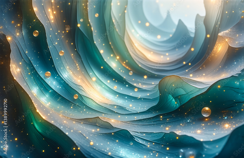 Aufkleber swirling teal and green abstract with golden sparkles and bubbles creates a dreamy, ethereal texture