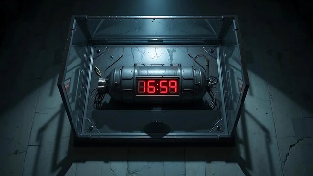 Encased Time Bomb: 06:59 Countdown in Futuristic Display Case