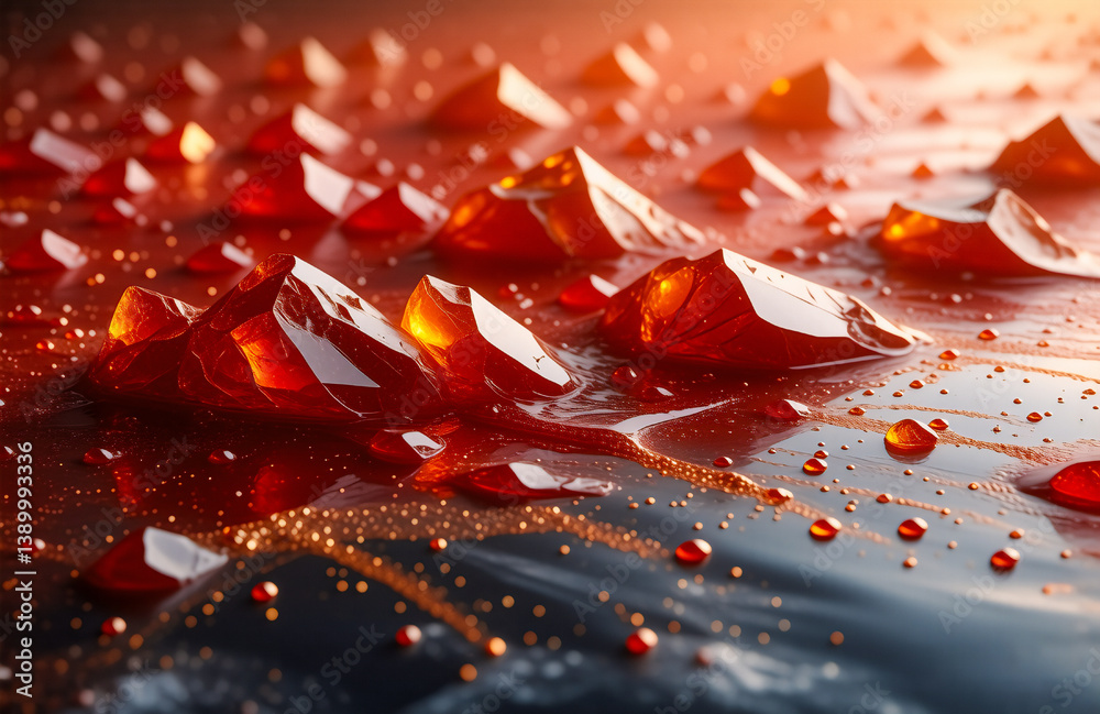 Poster glossy red gem-like shapes scattered across a wet, reflective surface catching warm light. abstract 