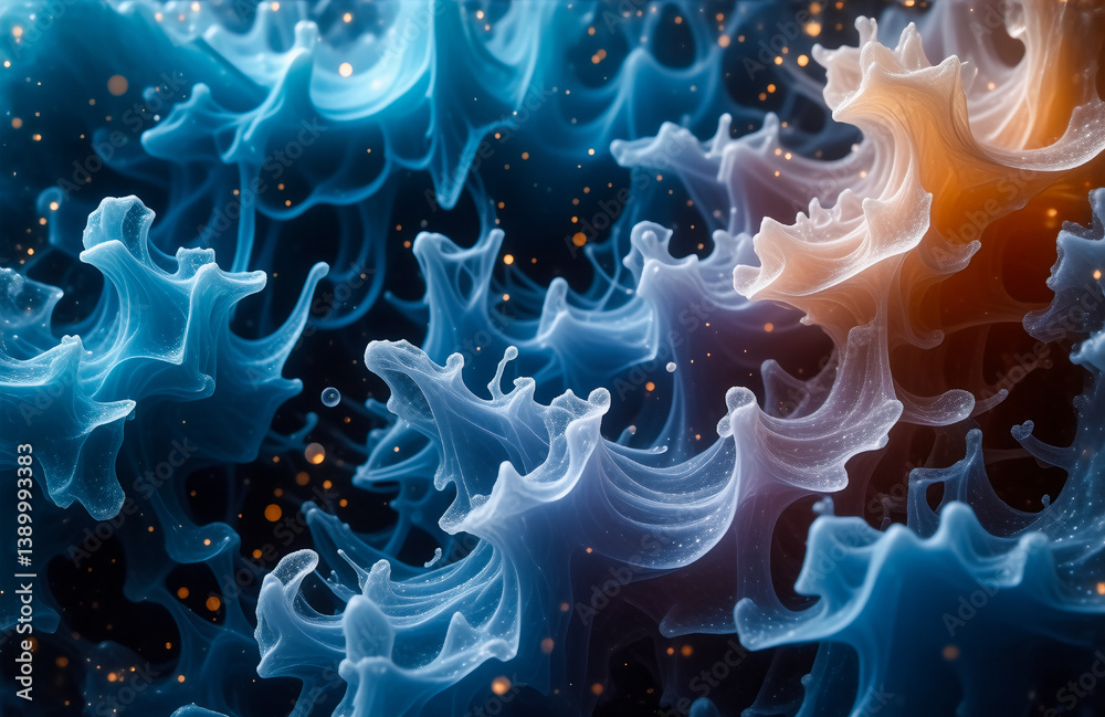 Poster Abstract blue and orange smoke swirls with golden particles creating a mesmerizing and flowing effect.