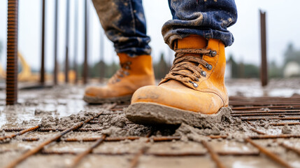 Worker inspects foundation concrete consistency while walking on freshly poured surface in construction site