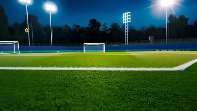 Wet football field lighting, and with blurred closeup environment highlighting glistening grass stadium dramatic sporting sideline sport concepts video 4k