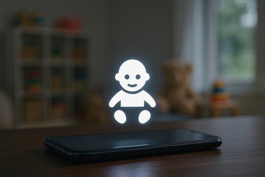 Baby care app displaying hologram over smartphone in playroom: promoting child development and wellbeing