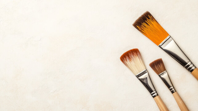 Minimalist view of three paint brushes with dried color tips on a neutral surface creating an elegant artistic display