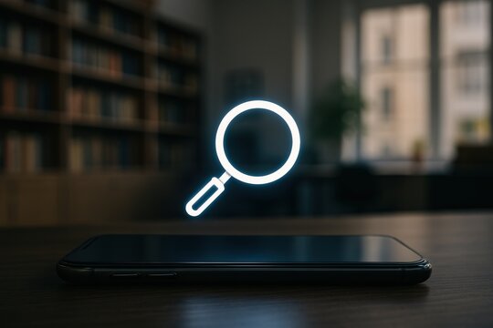 Searching information with mobile phone and magnifying glass icon