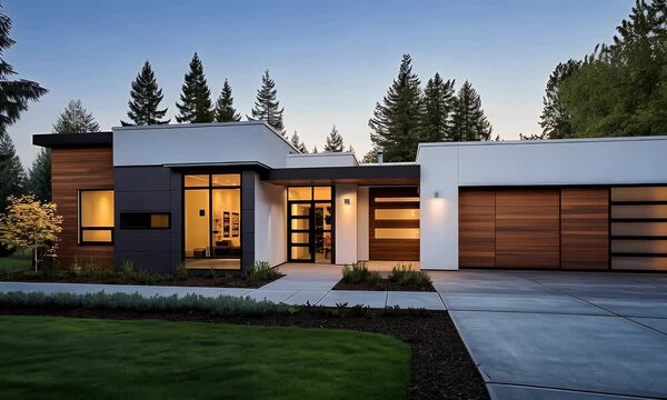 Modern house with sleek architecture, wood accents, and large glass windows. Contemporary home design set against a peaceful forest backdrop.