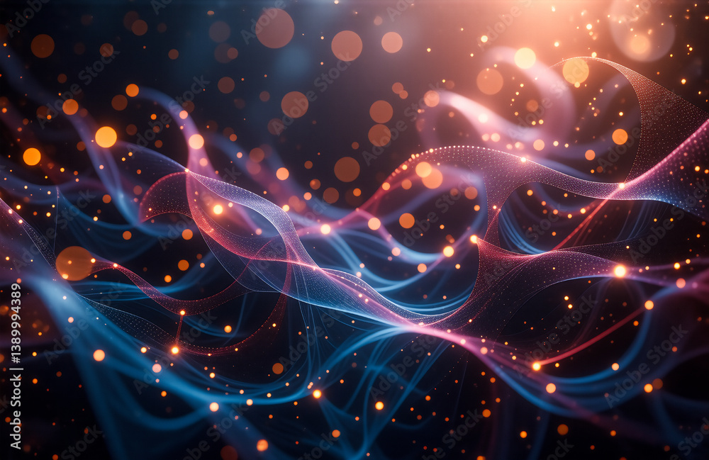 Aufkleber Abstract glowing lines weave and flow across a dark backdrop, illuminated by scattered bokeh circles.  A vibrant display of light and motion creates an ethereal, futuristic atmosphere with depth and d