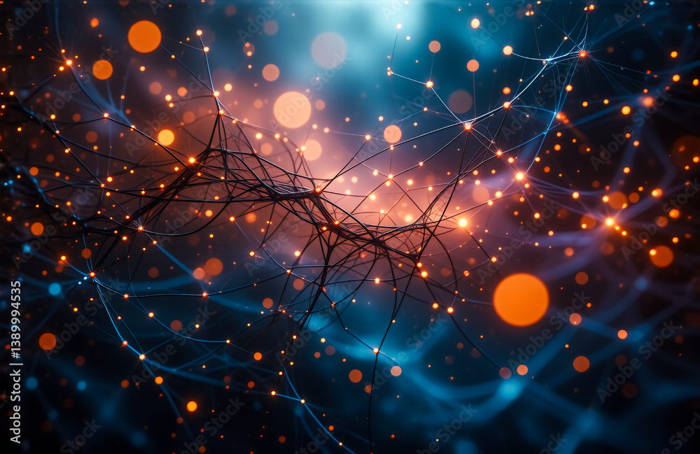 Poster Abstract image depicting a network with glowing orange and blue dots connected by lines on a dark blue backdrop, representing digital communication and futuristic technology.