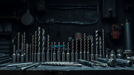 Metal Drill Bits and Cutting Tools on a Workbench in an Industrial Workshop