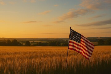 American Flag in a Golden Wheat Field at Sunset